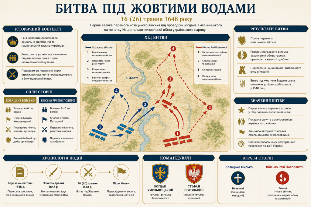 Інфографіка про битву під Жовтими Водами 1648 року, сили сторін, хід бою, командувачів, результати та історичне значення