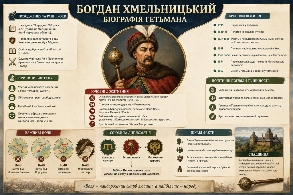 Інфографіка про біографію Богдана Хмельницького, основні події життя, військові перемоги, дипломатію та історичну спадщину