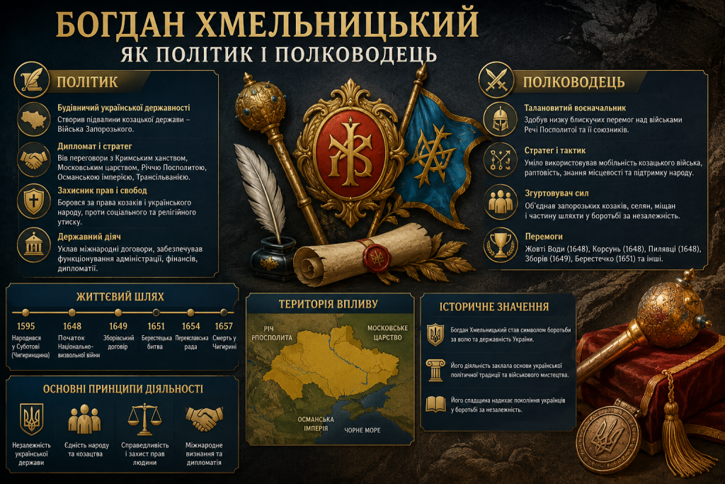 Інфографіка про Богдана Хмельницького як політика, дипломата, державного діяча, стратега та полководця