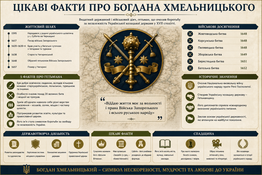 Інфографіка з цікавими фактами про Богдана Хмельницького, його життєвий шлях, військові досягнення, державотворчу діяльність і спадщину