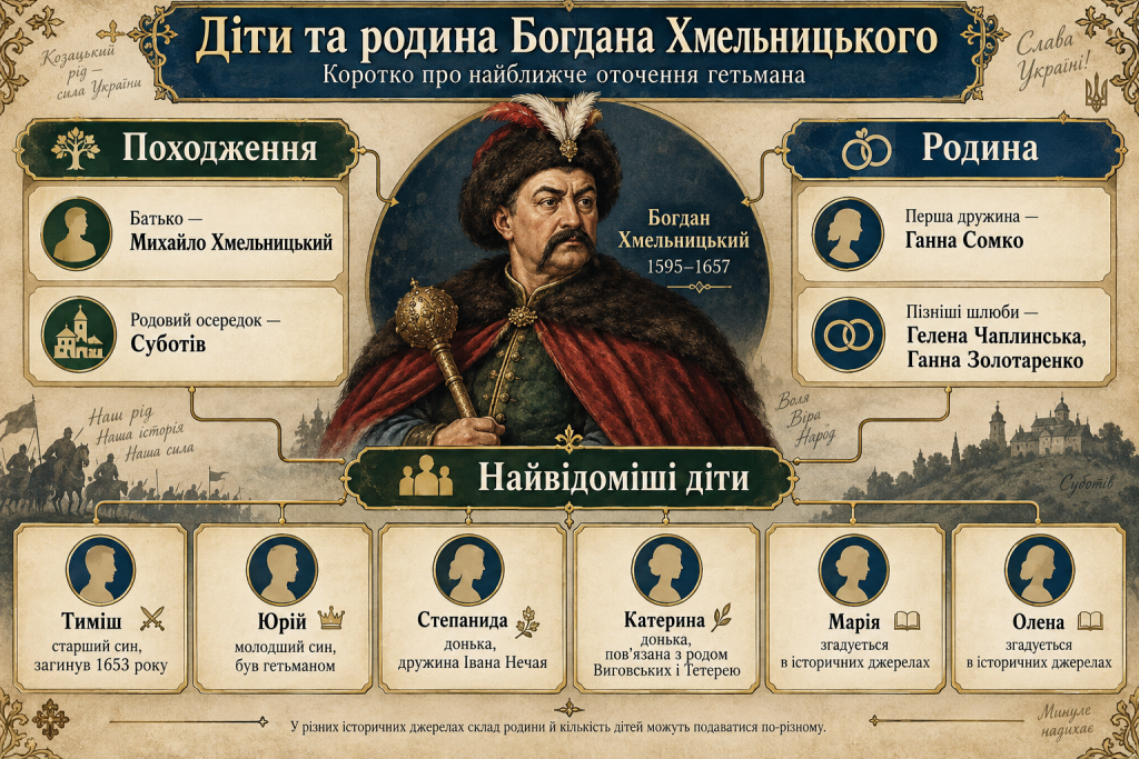 Історична інфографіка про родину Богдана Хмельницького, його походження, дружин та відомих дітей.