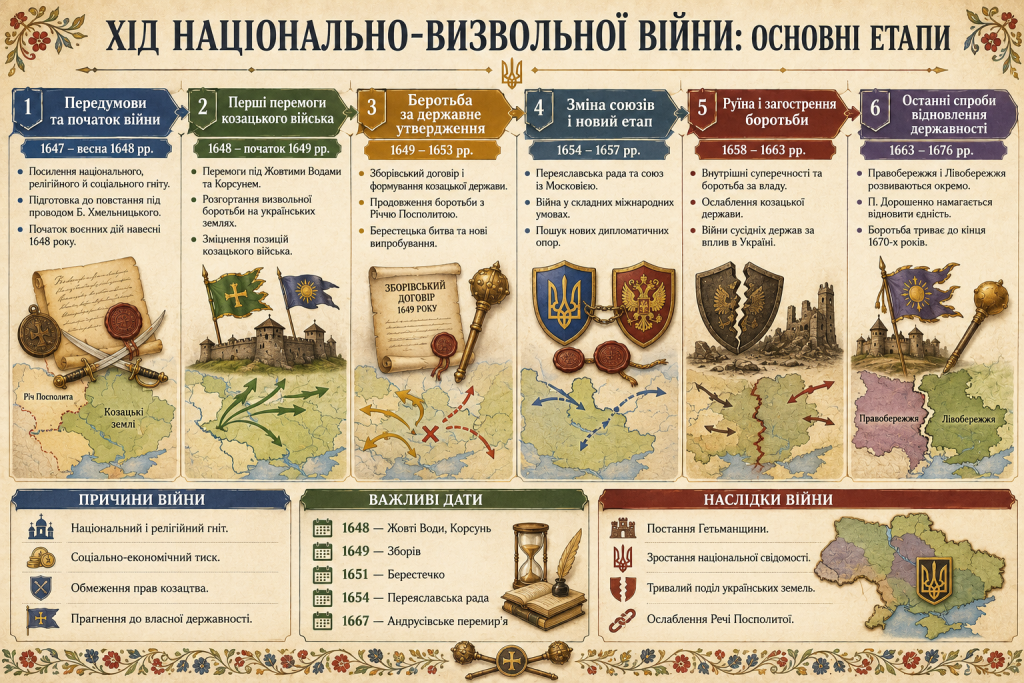 Схема ходу Національно-визвольної війни з етапами боротьби, ключовими датами, причинами та наслідками для України