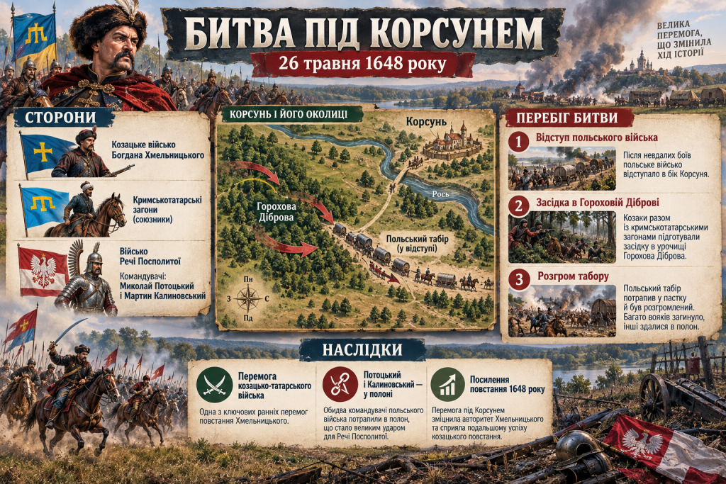 Історична інфографіка про битву під Корсунем 1648 року, сторони конфлікту, перебіг бою, засідку та наслідки перемоги