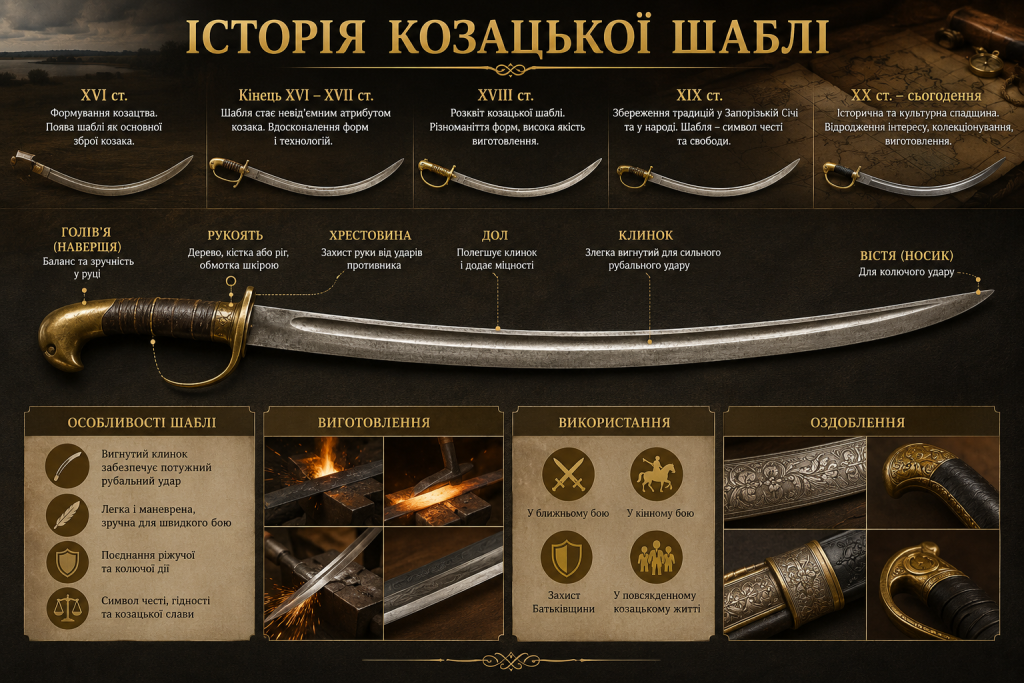 Інфографіка про історію козацької шаблі, її будову, виготовлення, бойове використання та оздоблення