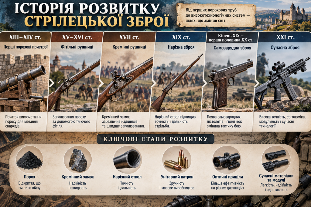 Інфографіка про розвиток стрілецької зброї від перших порохових пристроїв і мушкетів до сучасних автоматичних систем