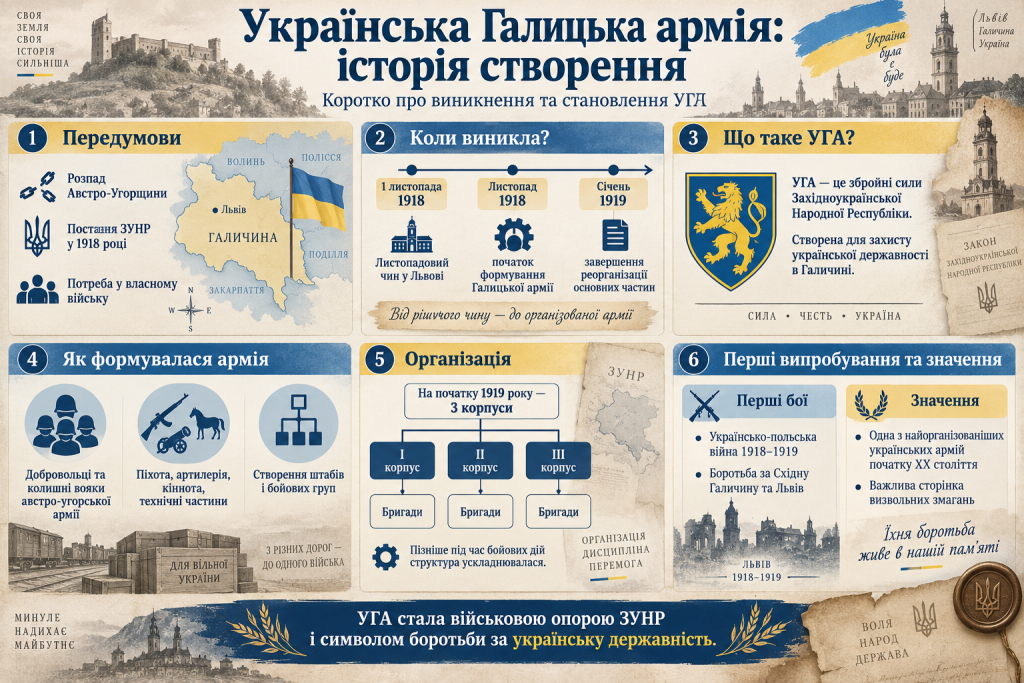 Історична інфографіка про створення Української Галицької армії, передумови її виникнення, організацію та основні етапи формування.