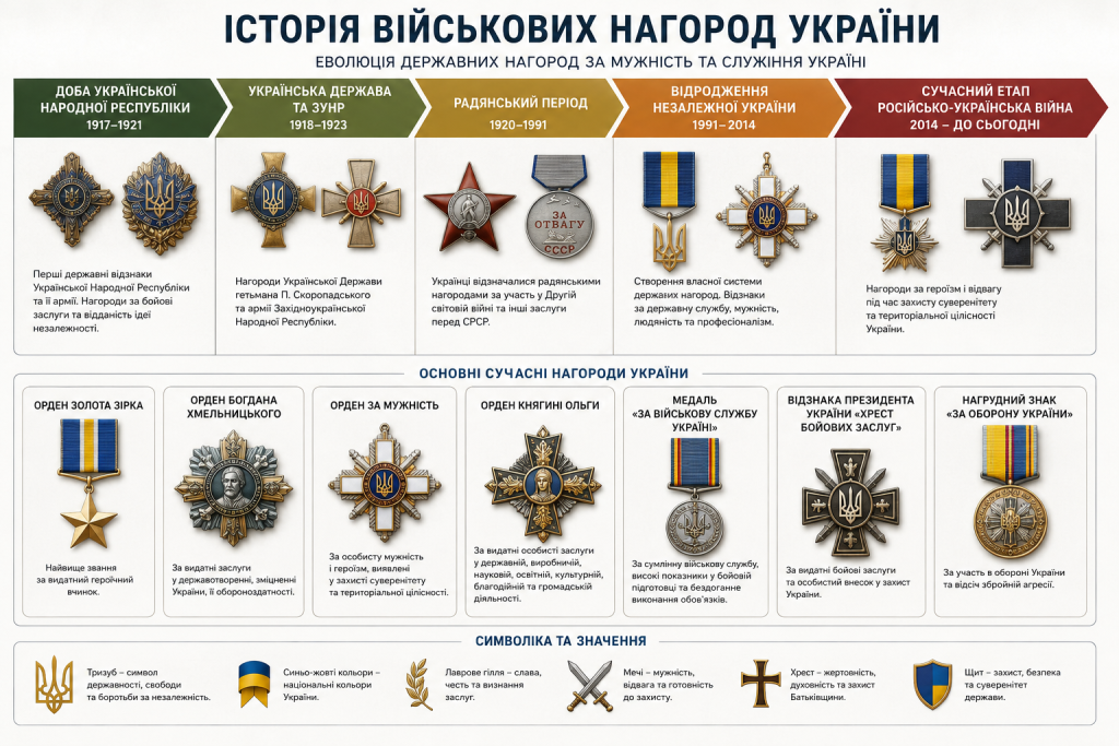 Інфографіка про історію військових нагород України від доби УНР до сучасності, основні ордени, медалі та їх символіку