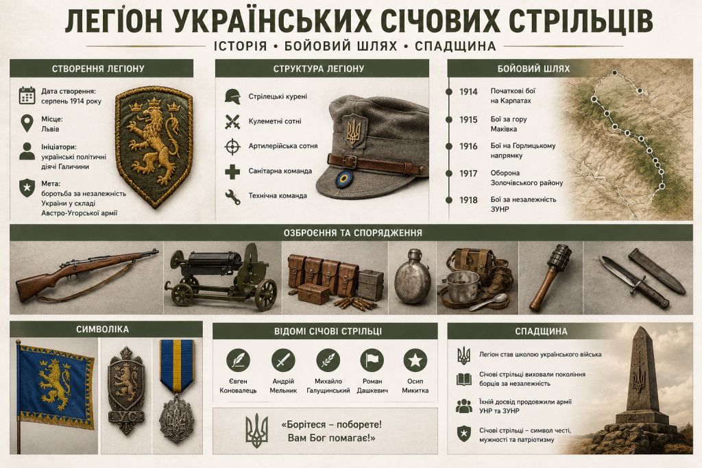 Інфографіка про Легіон Українських січових стрільців, його створення, структуру, озброєння, бойовий шлях і спадщину