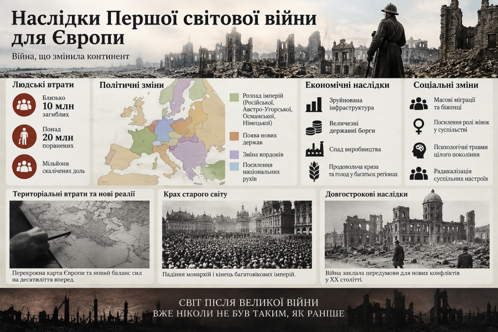 Інфографіка про наслідки Першої світової війни для Європи: людські втрати, політичні зміни, економічну кризу та соціальні наслідки.
