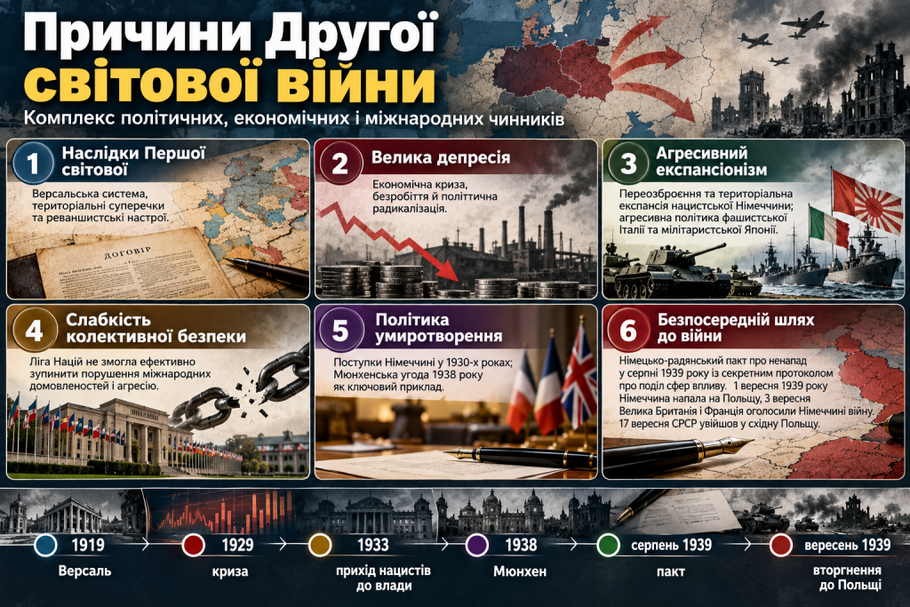 Інфографіка про основні причини Другої світової війни: наслідки Першої світової, економічну кризу, експансіонізм, політику умиротворення та події 1939 року.
