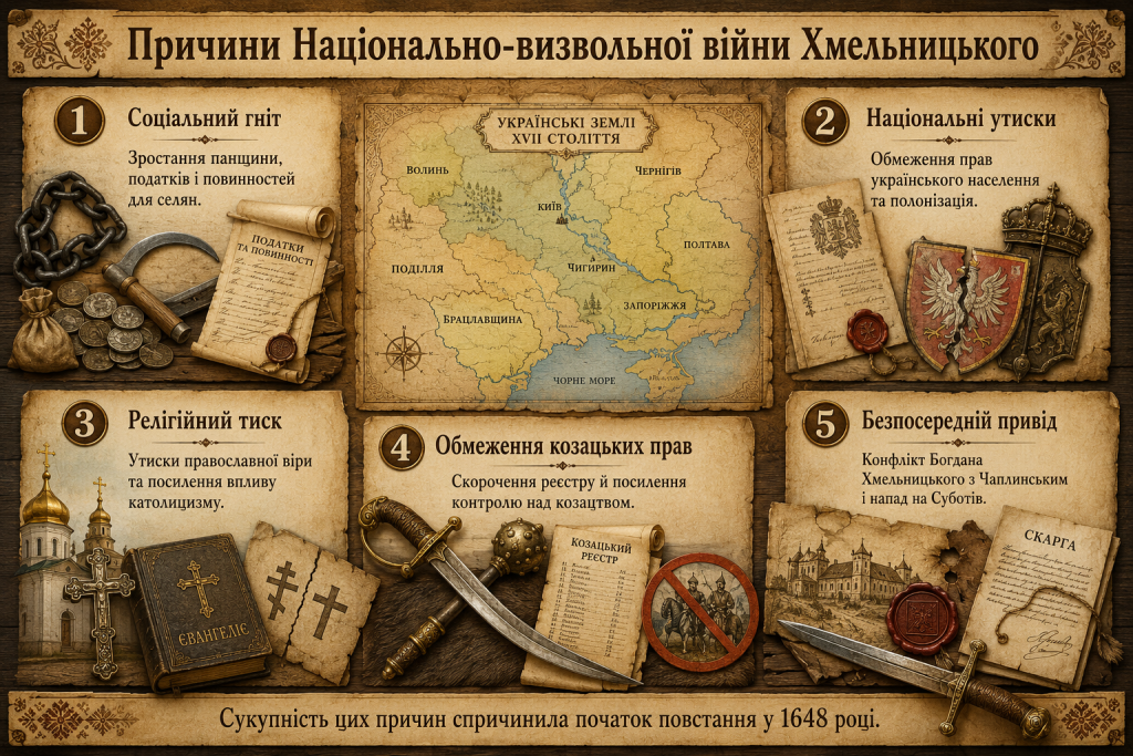 Інфографіка про причини Національно-визвольної війни під проводом Богдана Хмельницького у 1648 році