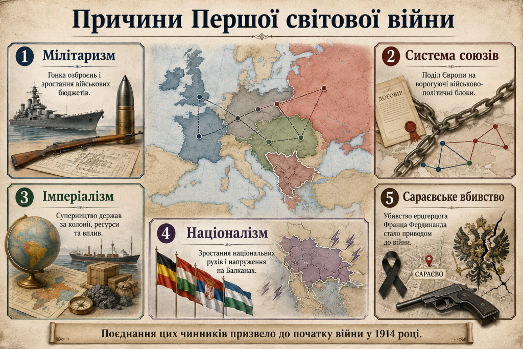 Інфографіка про основні причини Першої світової війни: мілітаризм, систему союзів, імперіалізм, націоналізм і Сараєвське вбивство