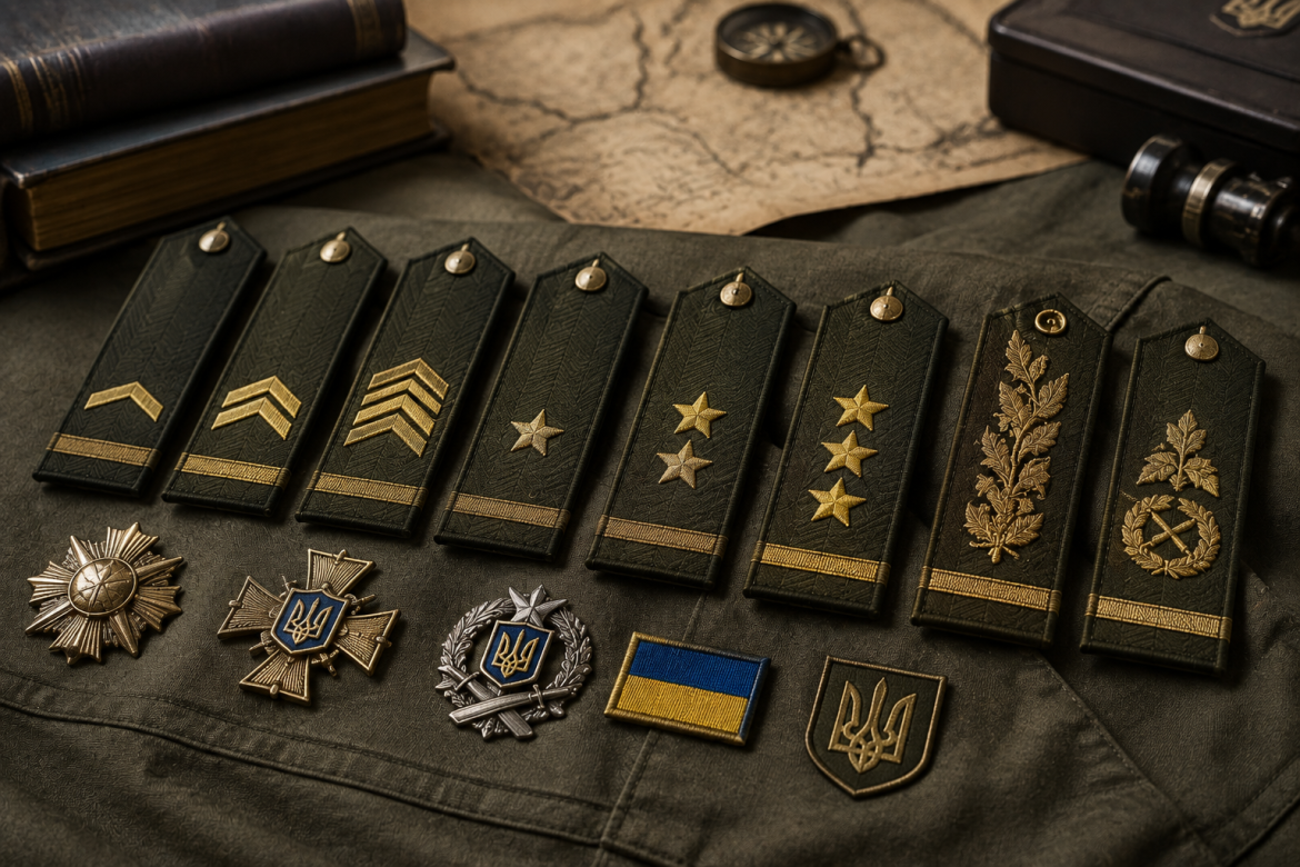 Погони, зірки, шеврони та емблеми як приклади військових звань і знаків розрізнення України