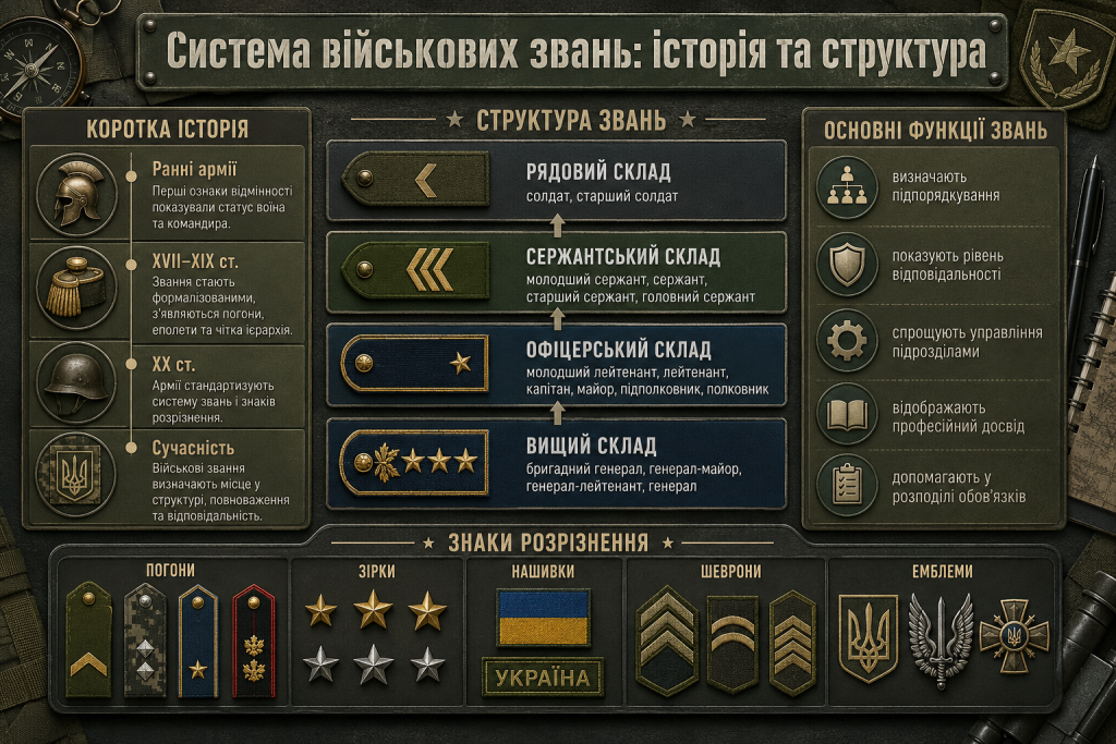 Інфографіка про систему військових звань, рядовий, сержантський, офіцерський і вищий склад та знаки розрізнення