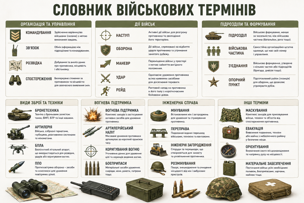 Інфографіка-словник військових термінів про командування, бойові дії, підрозділи, зброю, техніку та забезпечення