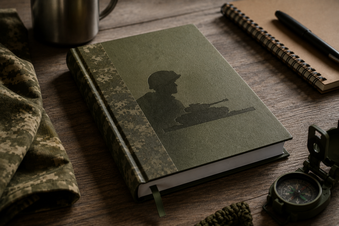 Книга-словник військових термінів на дерев’яному столі поруч із камуфляжною формою, компасом і блокнотом