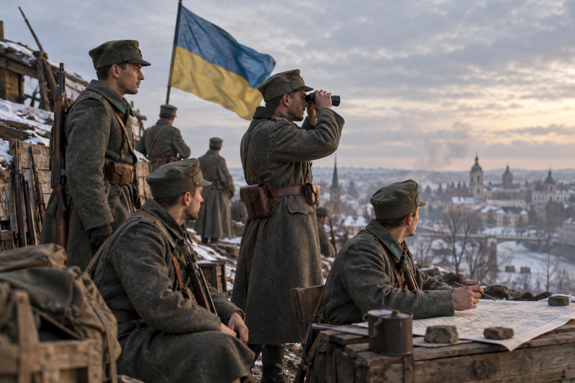 Історична реконструкція вояків Української Галицької армії на позиціях із картою, біноклем та українським прапором.