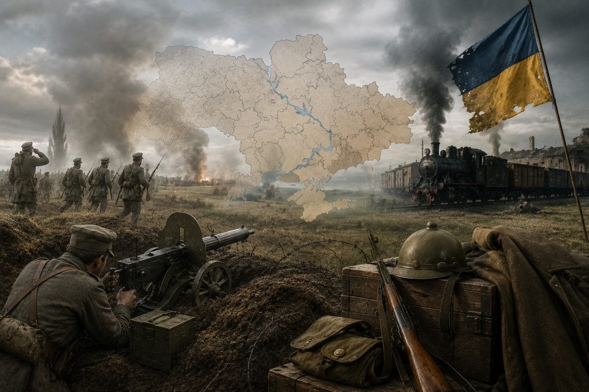 Символічна карта України на тлі бойових дій Першої світової війни з солдатами, кулеметом, паровозом і українським прапором