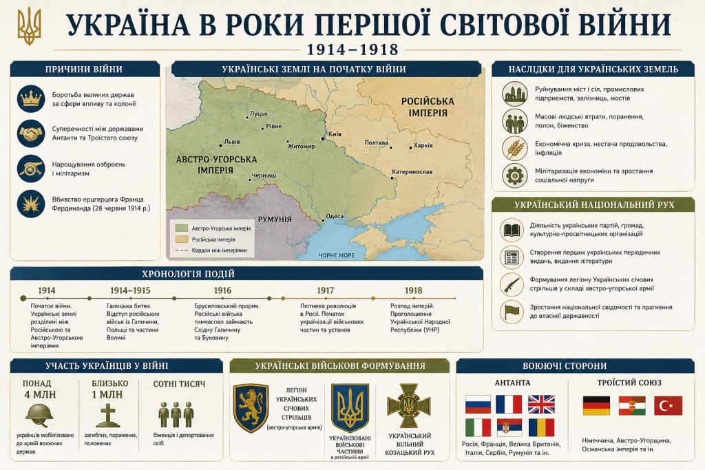 Інфографіка про Україну в роки Першої світової війни, українські землі, хронологію подій, військові формування та наслідки