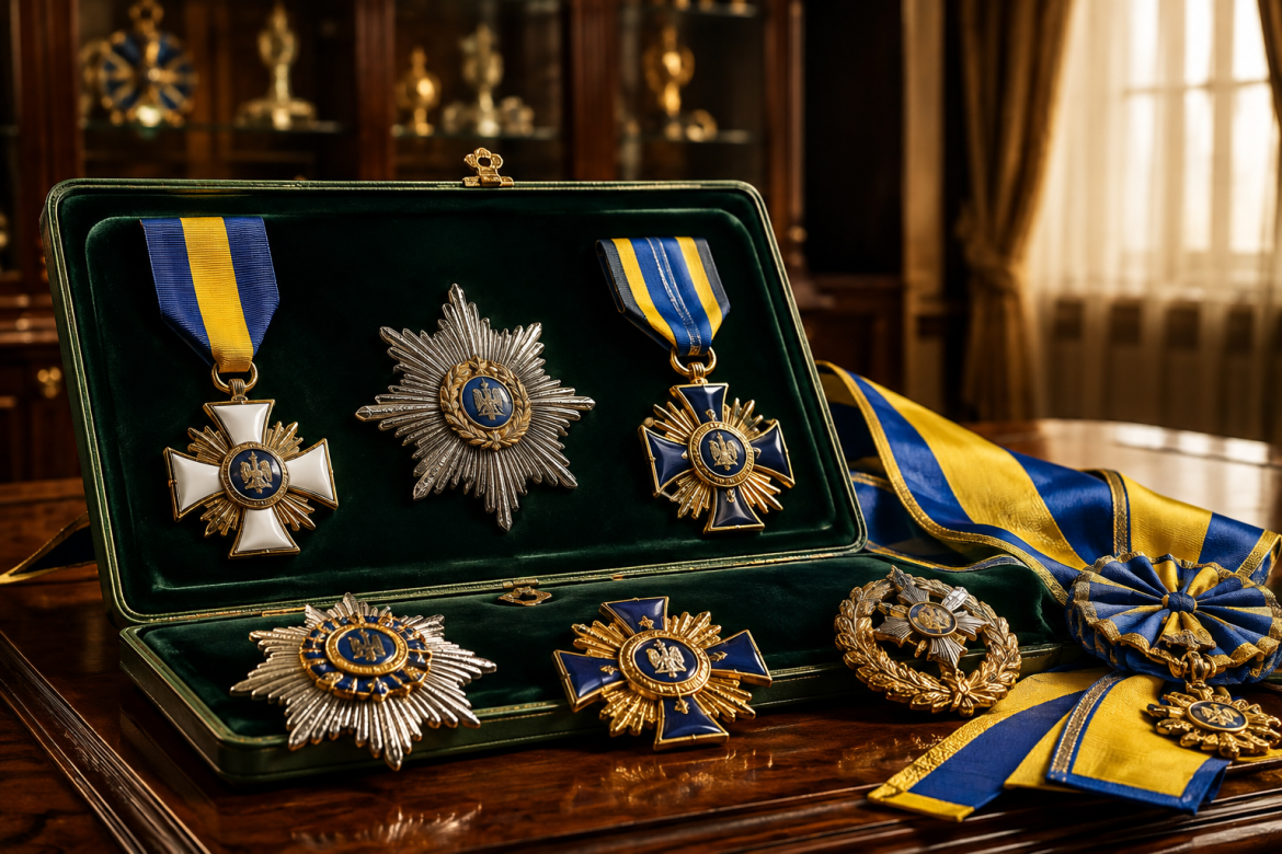 Колекція українських орденів і військових нагород у футлярі із синьо-жовтими стрічками та декоративними відзнаками
