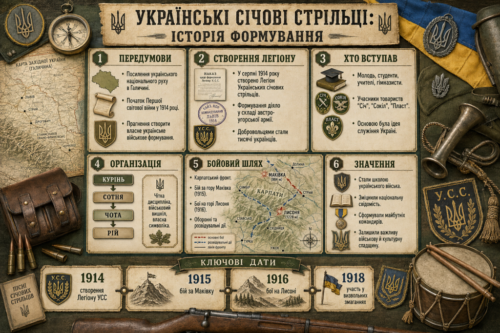 Інфографіка про історію Українських січових стрільців, створення легіону УСС, організацію, бойовий шлях і ключові дати