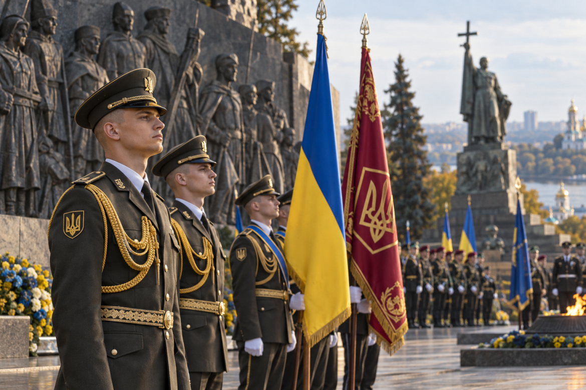 Українські військовослужбовці з державним і бойовими прапорами під час урочистої військової церемонії біля меморіалу.