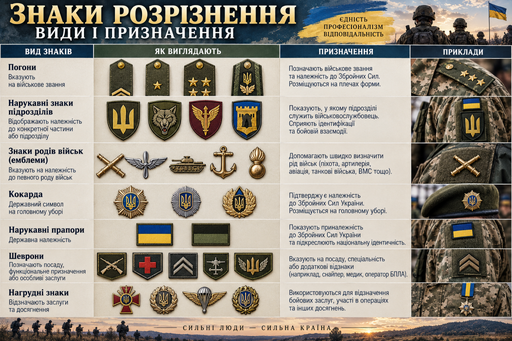 Інфографіка про військові знаки розрізнення України, погони, шеврони, кокарди, нарукавні прапори та нагрудні знаки