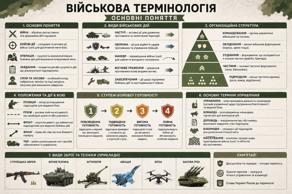 Інфографіка з основними поняттями військової термінології, видами військових дій, структурою підрозділів і ступенями готовності