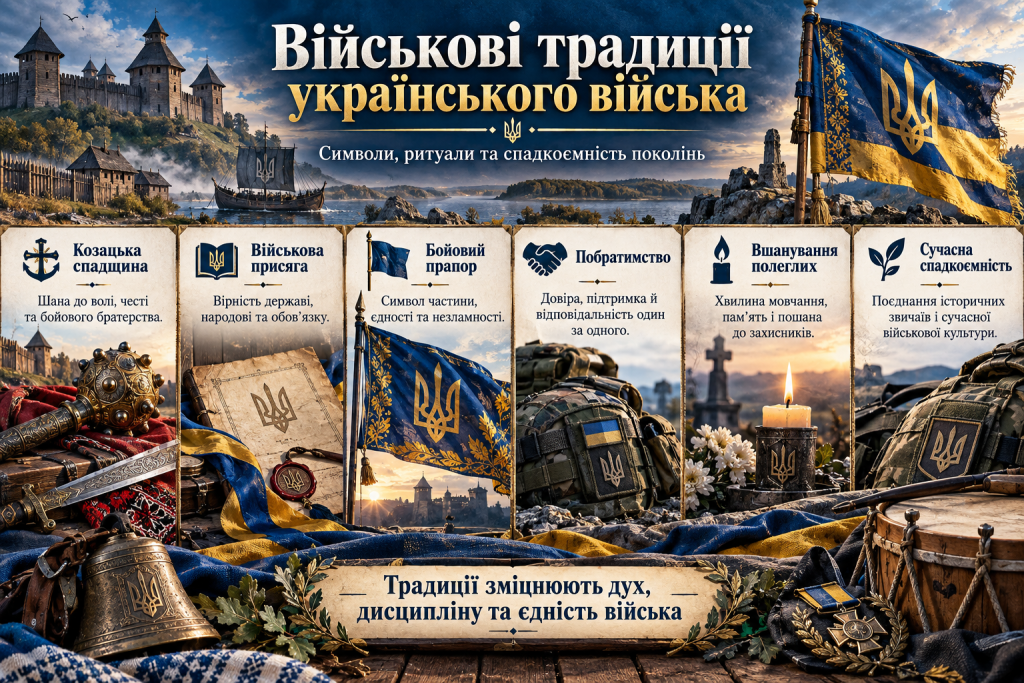 Інфографіка про військові традиції українського війська, бойові прапори, присягу, побратимство, вшанування полеглих і спадкоємність поколінь.