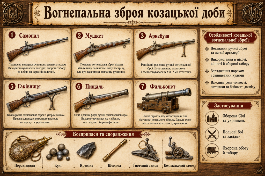 Інфографіка про вогнепальну зброю козацької доби: самопал, мушкет, аркебузу, гаківницю, пищаль і фальконет